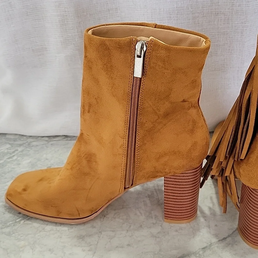 Women's Square Toe Chunky Block Heel Fringe Side Zipper Ankle Boots - Picture 7 of 9